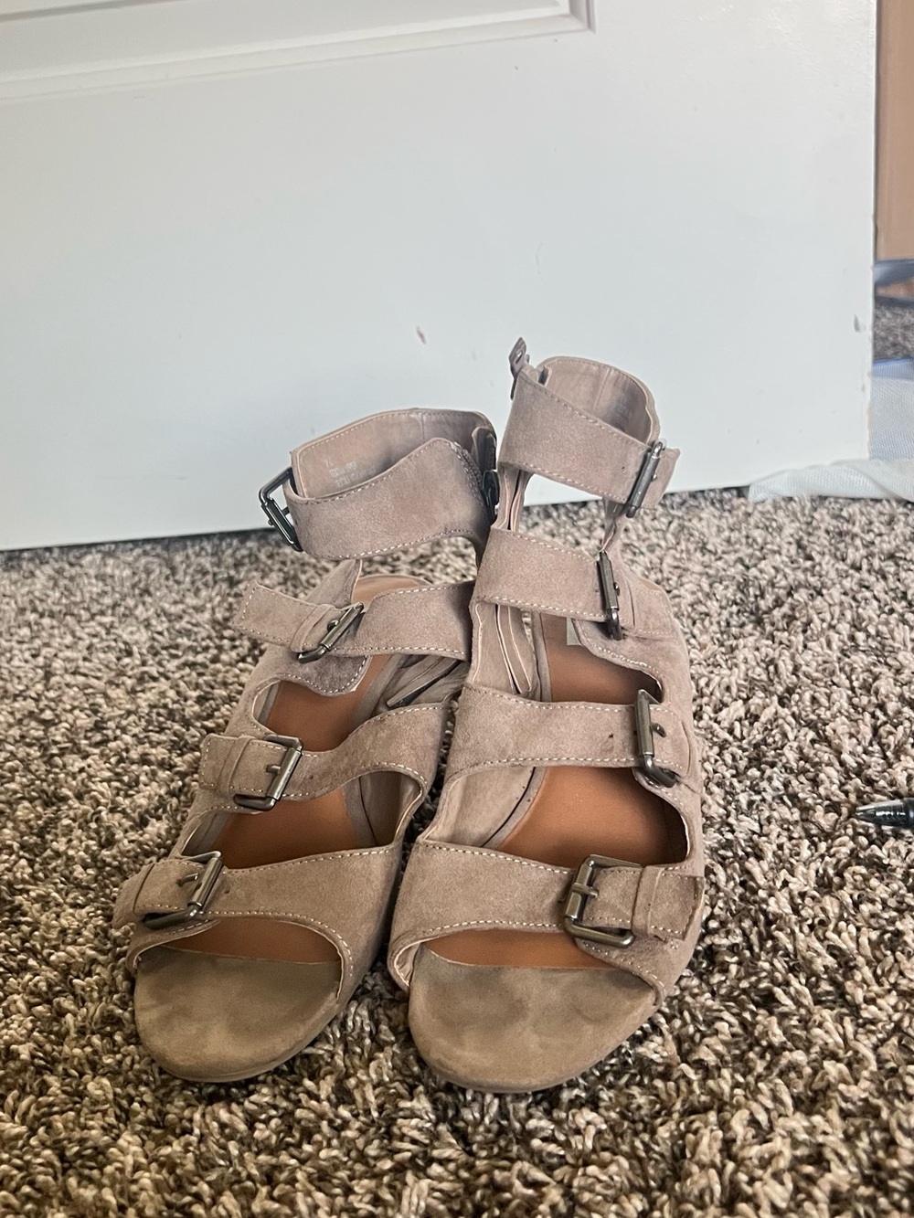 Suede Multi-Strap Buckle Wedges in Taupe